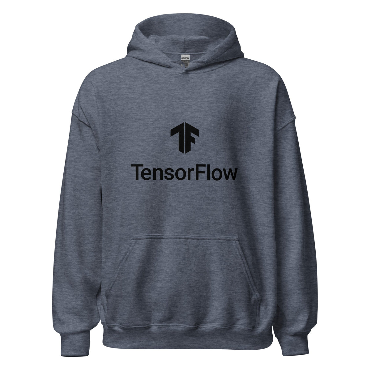 Product mockup photo of the TensorFlow 2 Black Stacked Logo Hoodie (unisex) Heather Sport Dark Navy / M.
