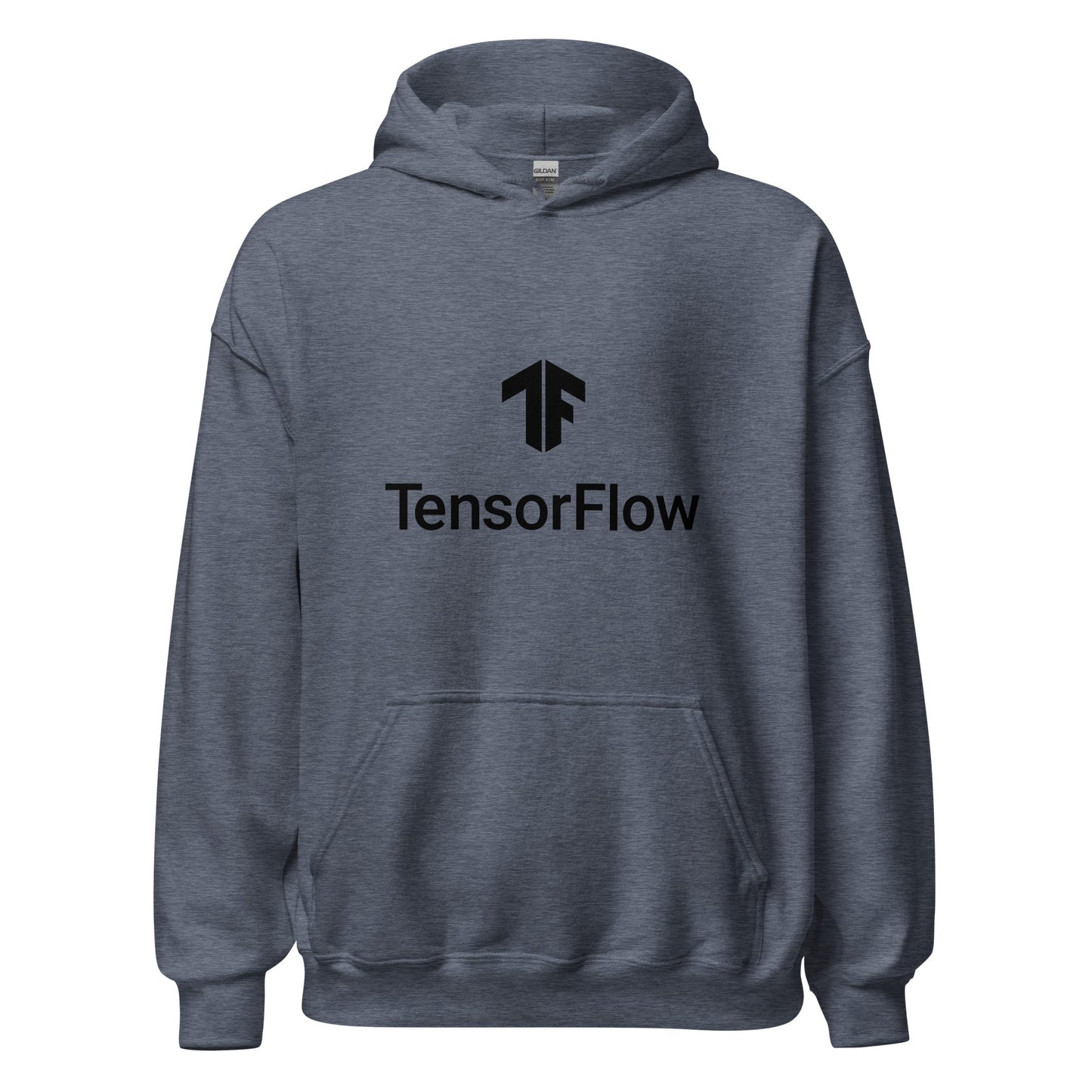 Product mockup photo of the TensorFlow 2 Black Stacked Logo Hoodie (unisex) Heather Sport Dark Navy / M.