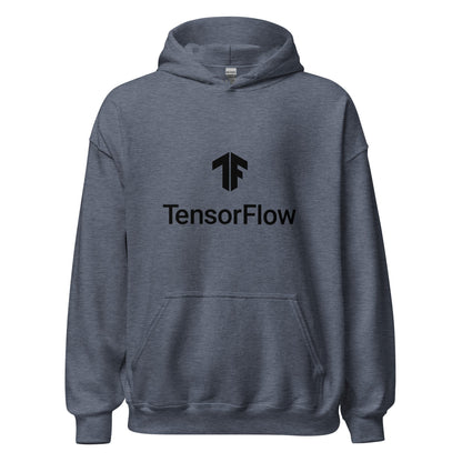 Product mockup photo of the TensorFlow 2 Black Stacked Logo Hoodie (unisex) Heather Sport Dark Navy / M.