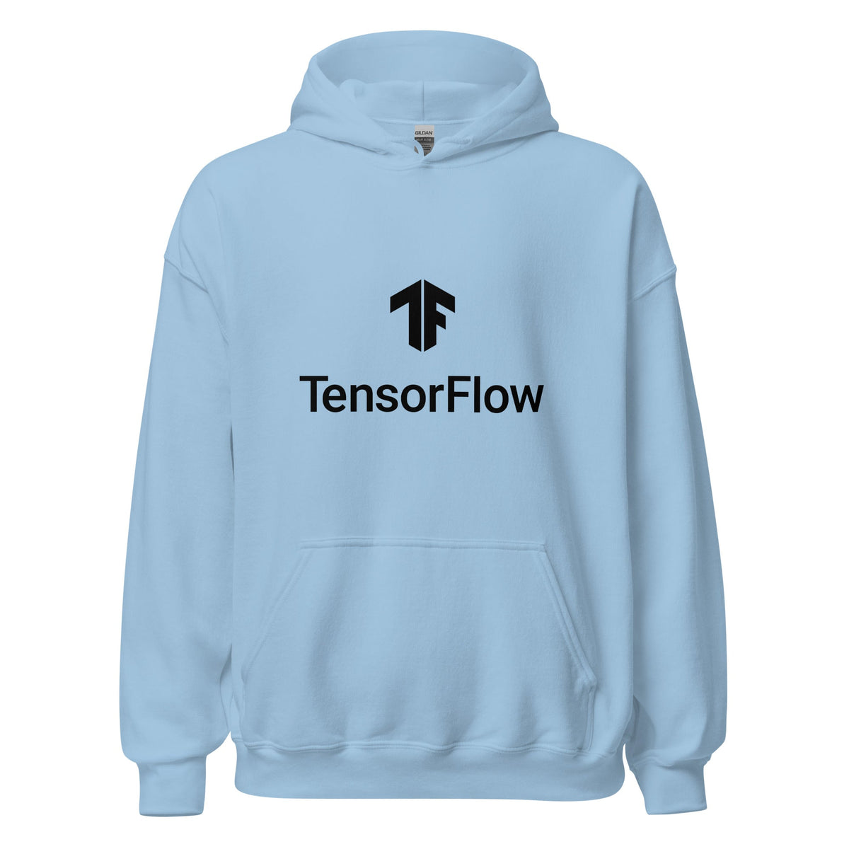 Product mockup photo of the TensorFlow 2 Black Stacked Logo Hoodie (unisex) Light Blue / M.