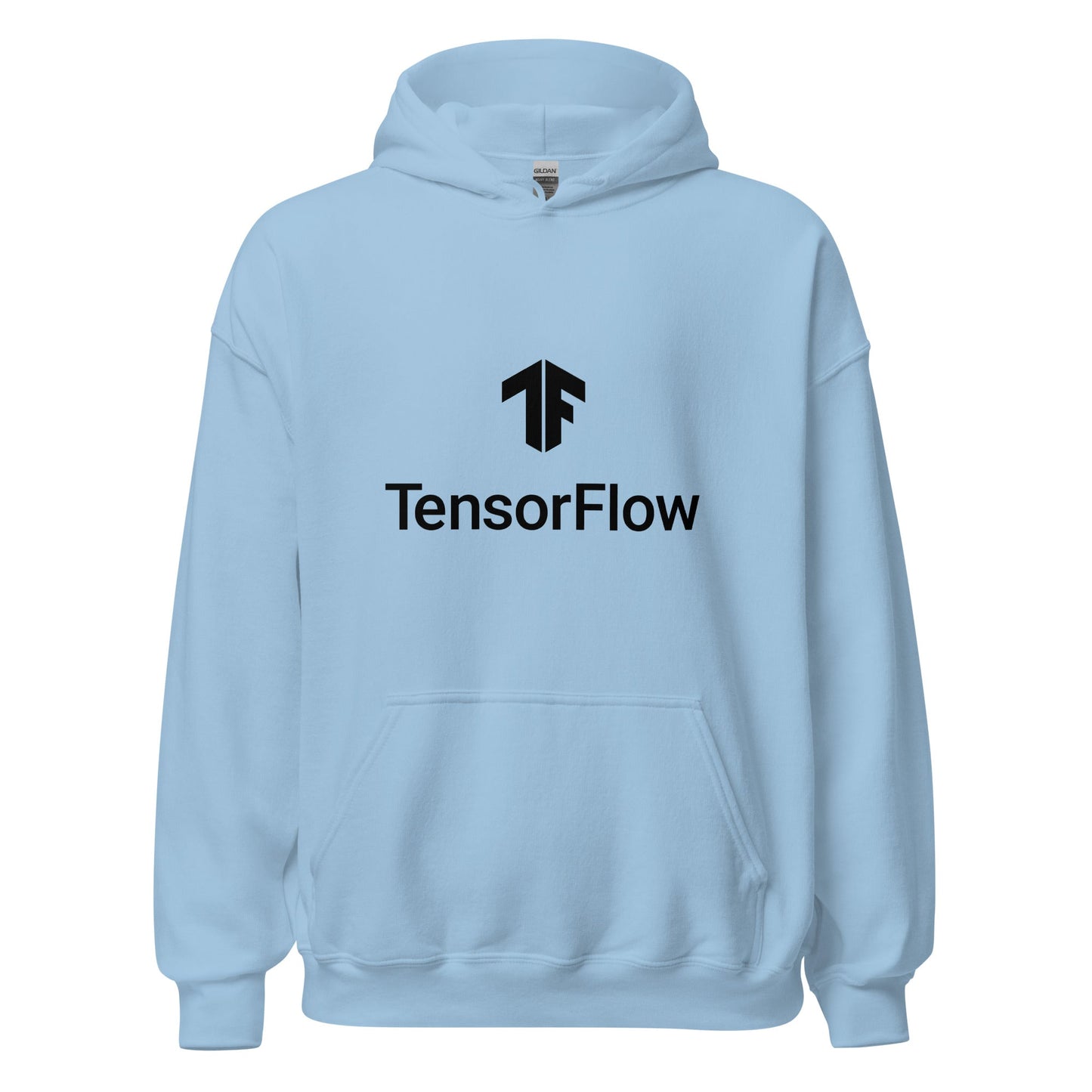 Product mockup photo of the TensorFlow 2 Black Stacked Logo Hoodie (unisex) Light Blue / M.
