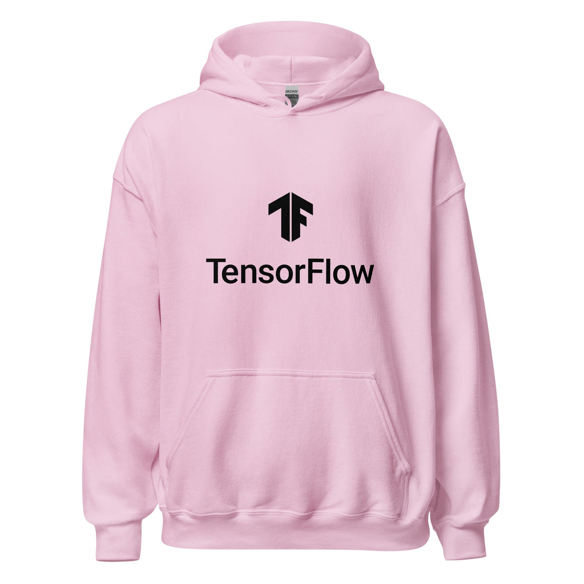 Product mockup photo of the TensorFlow 2 Black Stacked Logo Hoodie (unisex) Light Pink / M.