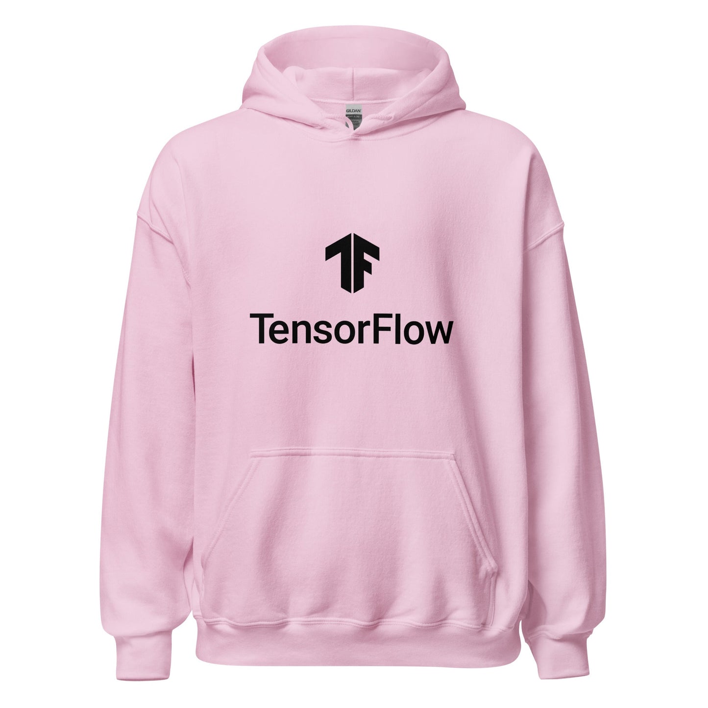 Product mockup photo of the TensorFlow 2 Black Stacked Logo Hoodie (unisex) Light Pink / M.