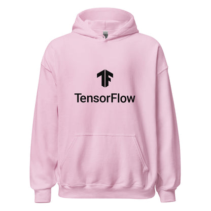 Product mockup photo of the TensorFlow 2 Black Stacked Logo Hoodie (unisex) Light Pink / M.