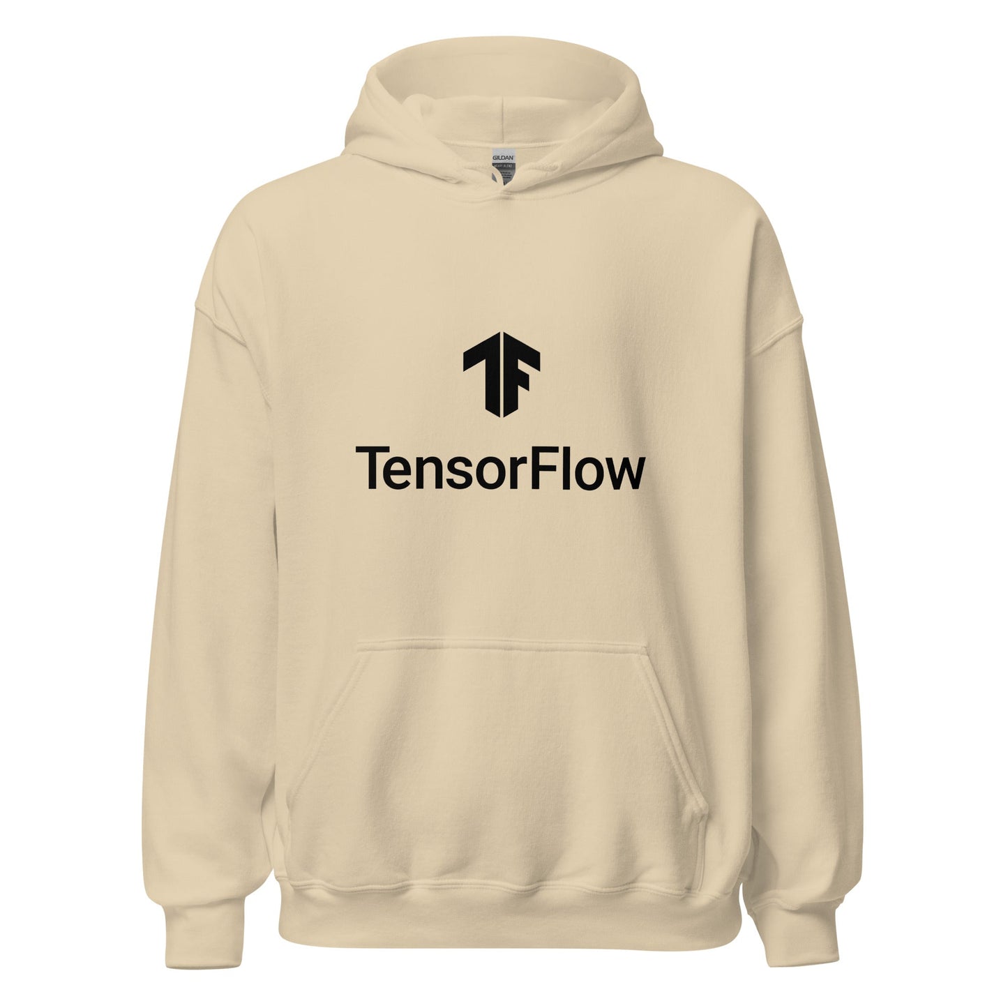 Product mockup photo of the TensorFlow 2 Black Stacked Logo Hoodie (unisex) Sand / M.