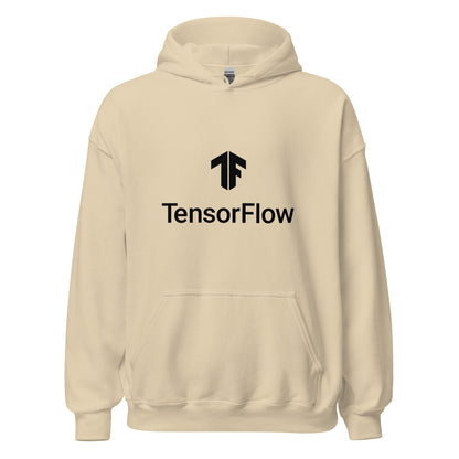 Product mockup photo of the TensorFlow 2 Black Stacked Logo Hoodie (unisex) Sand / M.