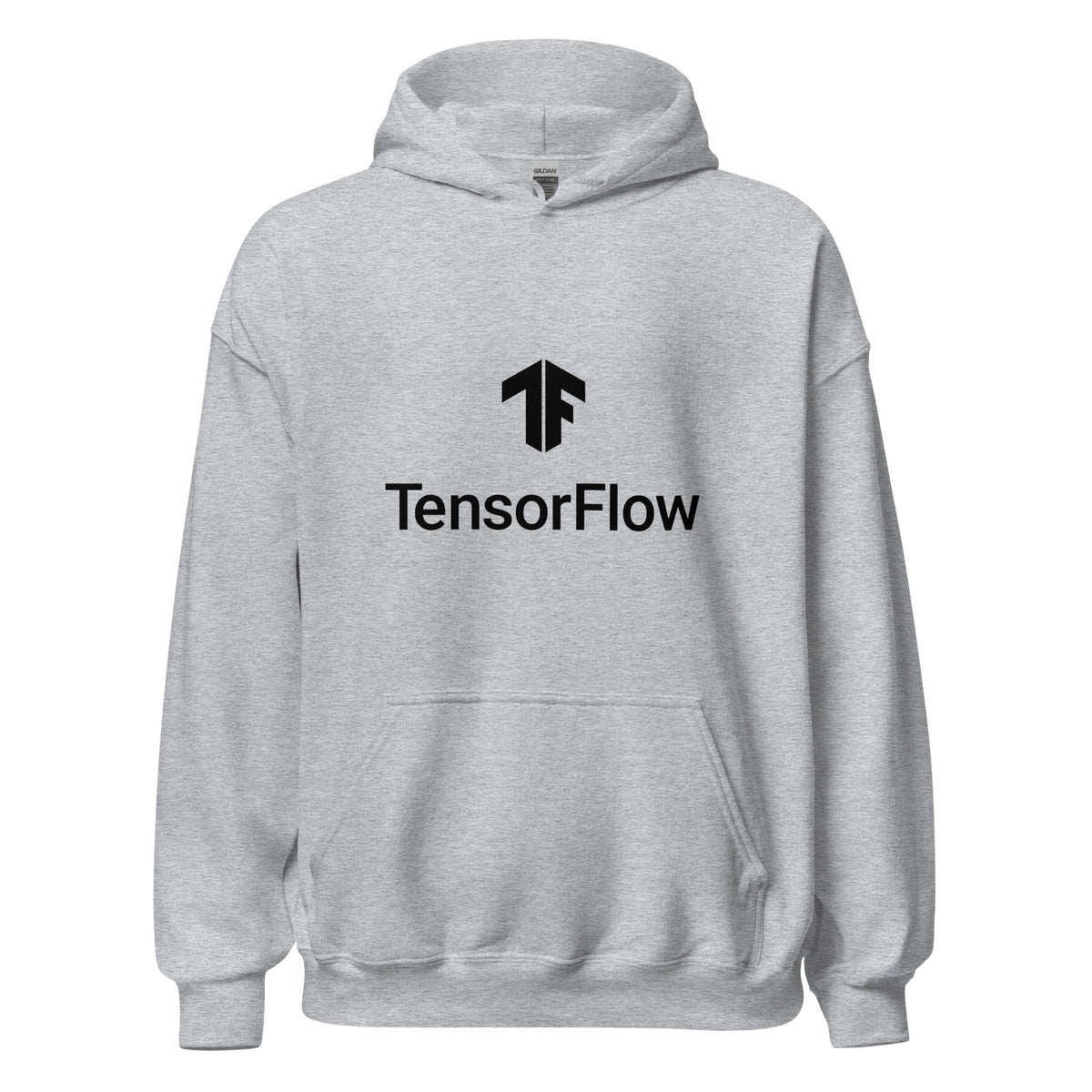 Product mockup photo of the TensorFlow 2 Black Stacked Logo Hoodie (unisex) Sport Grey / M.