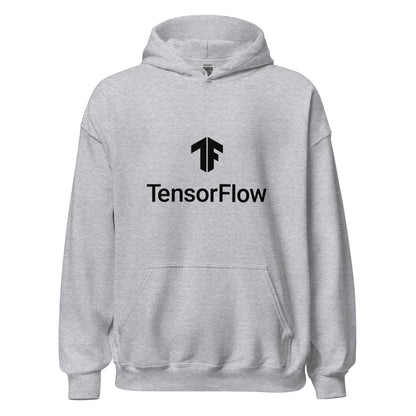 Product mockup photo of the TensorFlow 2 Black Stacked Logo Hoodie (unisex) Sport Grey / M.