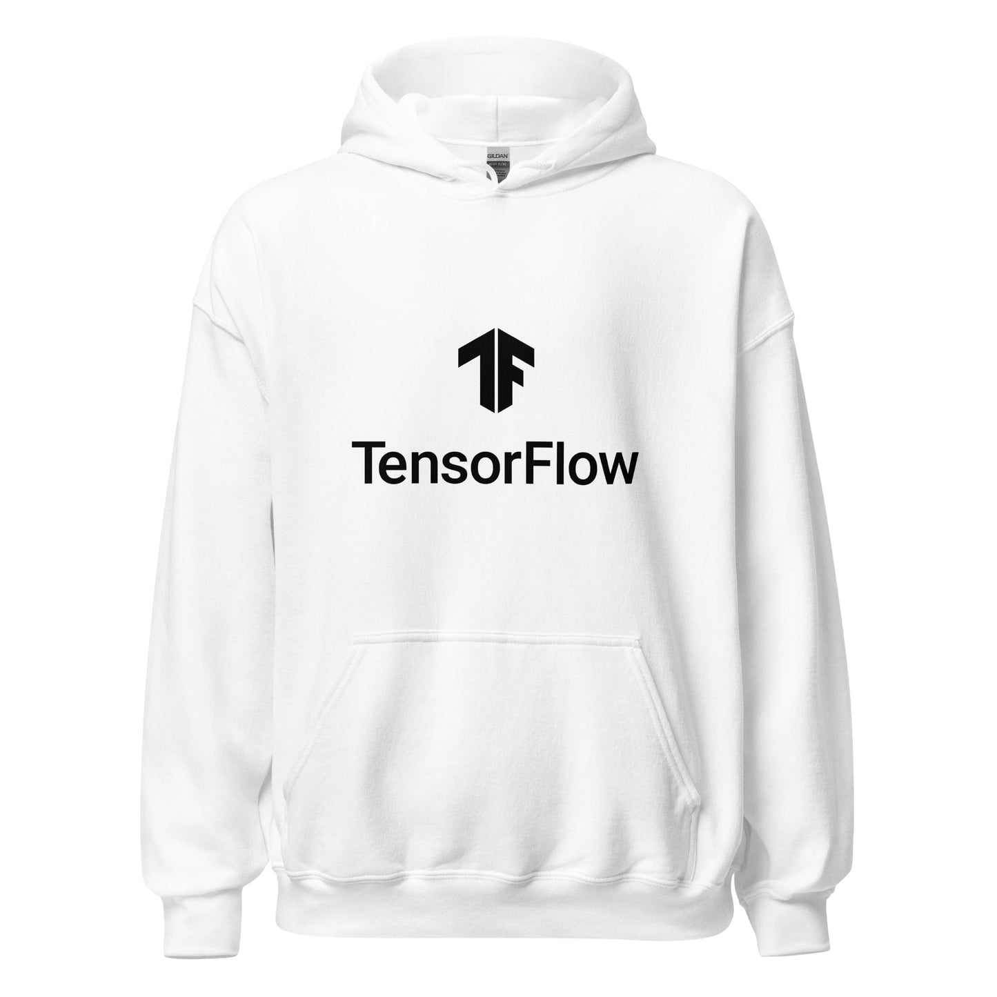 Product mockup photo of the TensorFlow 2 Black Stacked Logo Hoodie (unisex) White / M.