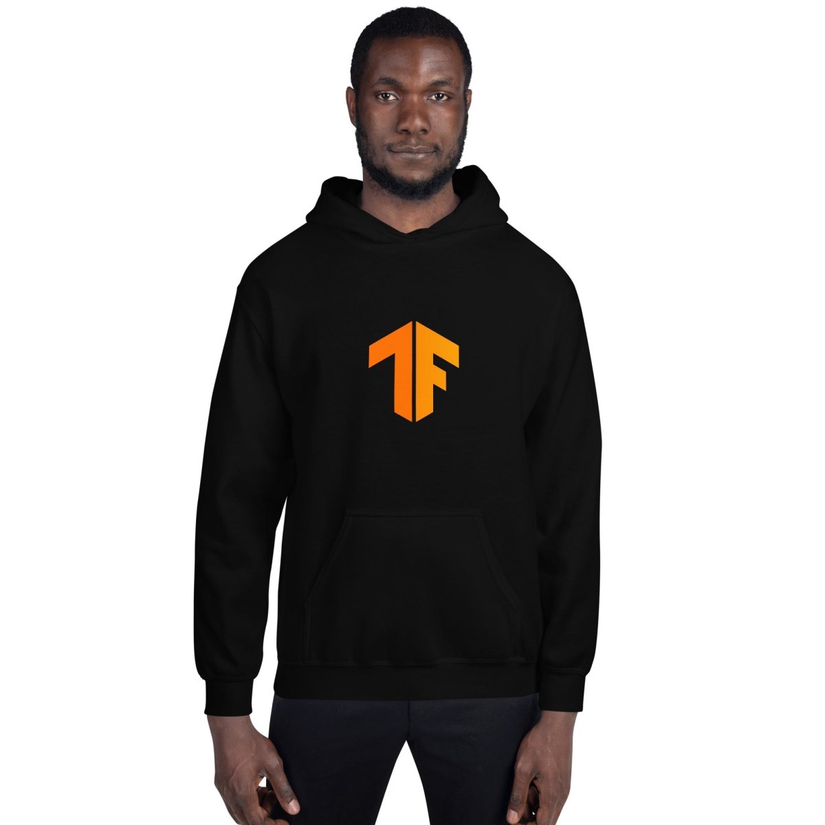 Product mockup photo of the TensorFlow 2 Small Icon Hoodie (unisex).