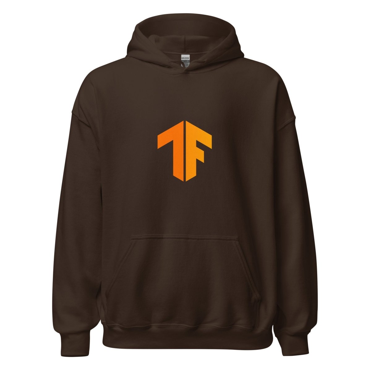 Product mockup photo of the TensorFlow 2 Small Icon Hoodie (unisex) Dark Chocolate / M.