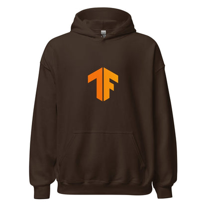 Product mockup photo of the TensorFlow 2 Small Icon Hoodie (unisex) Dark Chocolate / M.