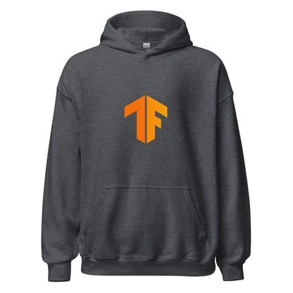 Product mockup photo of the TensorFlow 2 Small Icon Hoodie (unisex) Dark Heather / M.