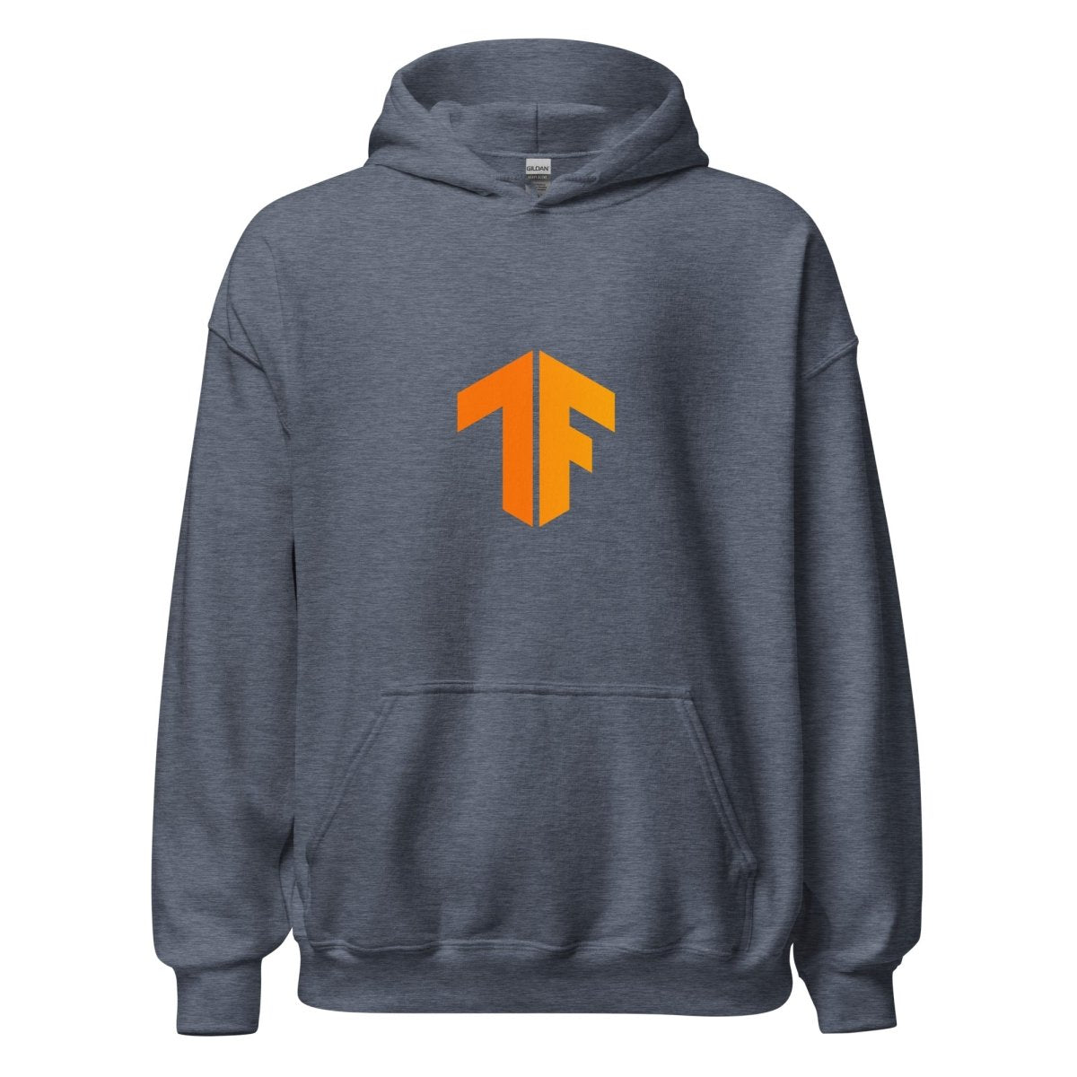 Product mockup photo of the TensorFlow 2 Small Icon Hoodie (unisex) Heather Sport Dark Navy / M.