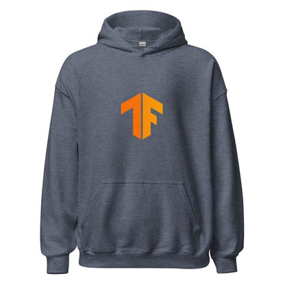 Product mockup photo of the TensorFlow 2 Small Icon Hoodie (unisex) Heather Sport Dark Navy / M.