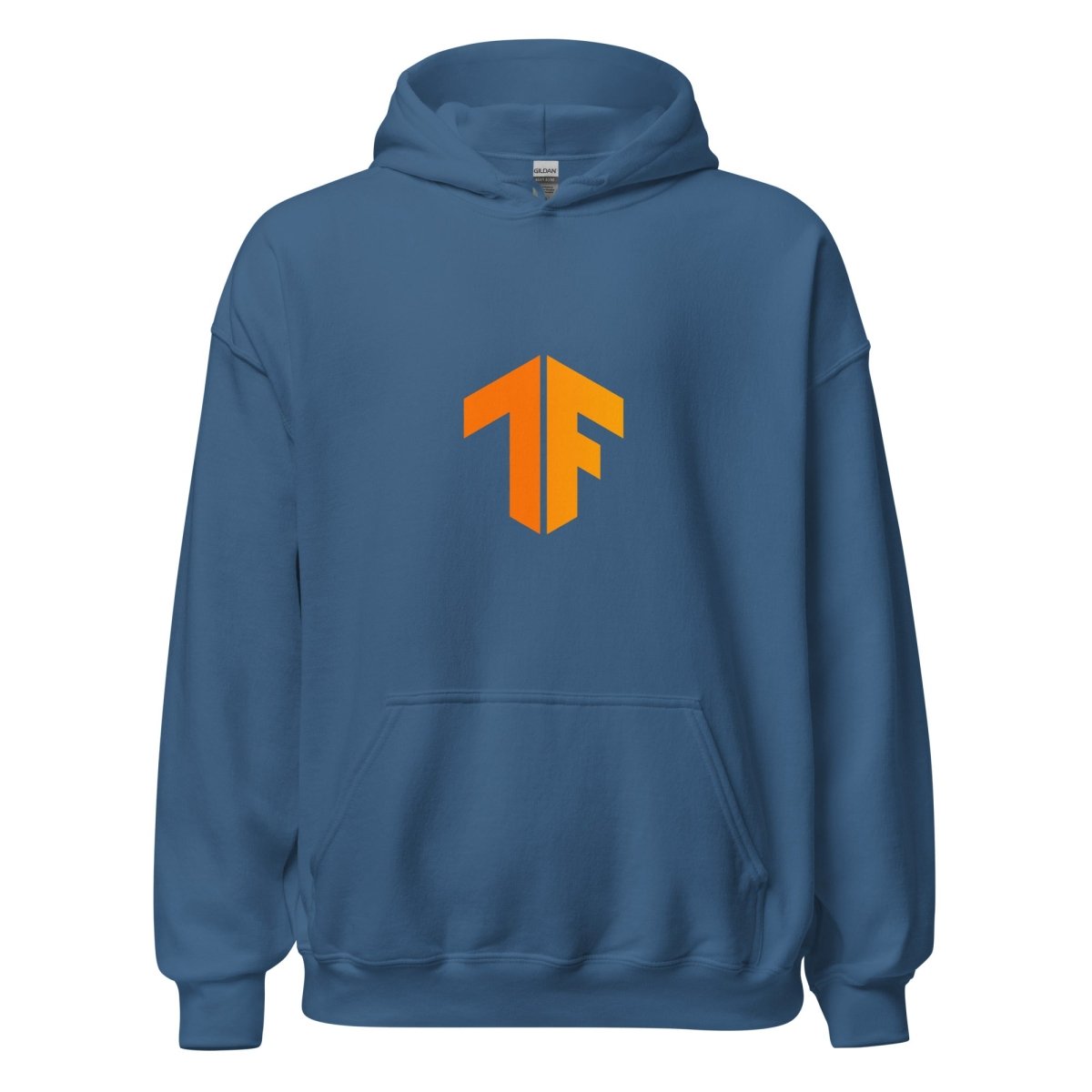 Product mockup photo of the TensorFlow 2 Small Icon Hoodie (unisex) Indigo Blue / M.