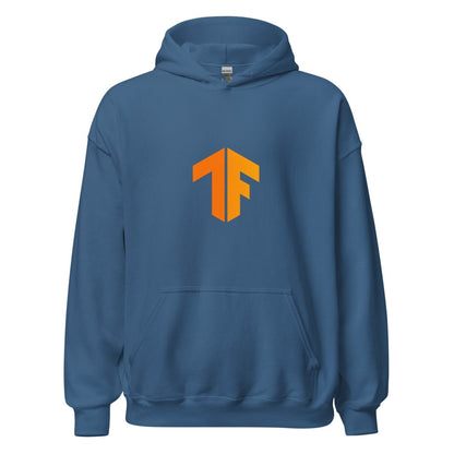 Product mockup photo of the TensorFlow 2 Small Icon Hoodie (unisex) Indigo Blue / M.