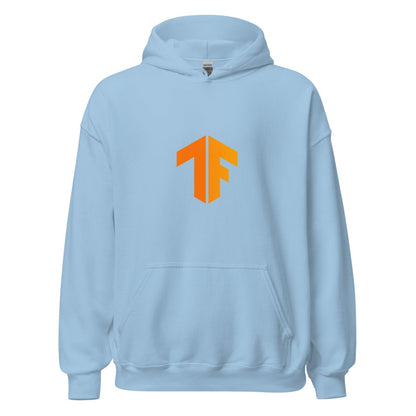 Product mockup photo of the TensorFlow 2 Small Icon Hoodie (unisex) Light Blue / M.