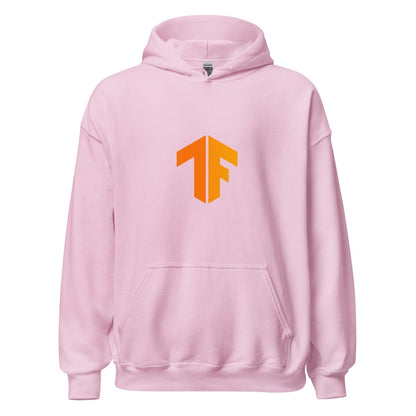 Product mockup photo of the TensorFlow 2 Small Icon Hoodie (unisex) Light Pink / M.