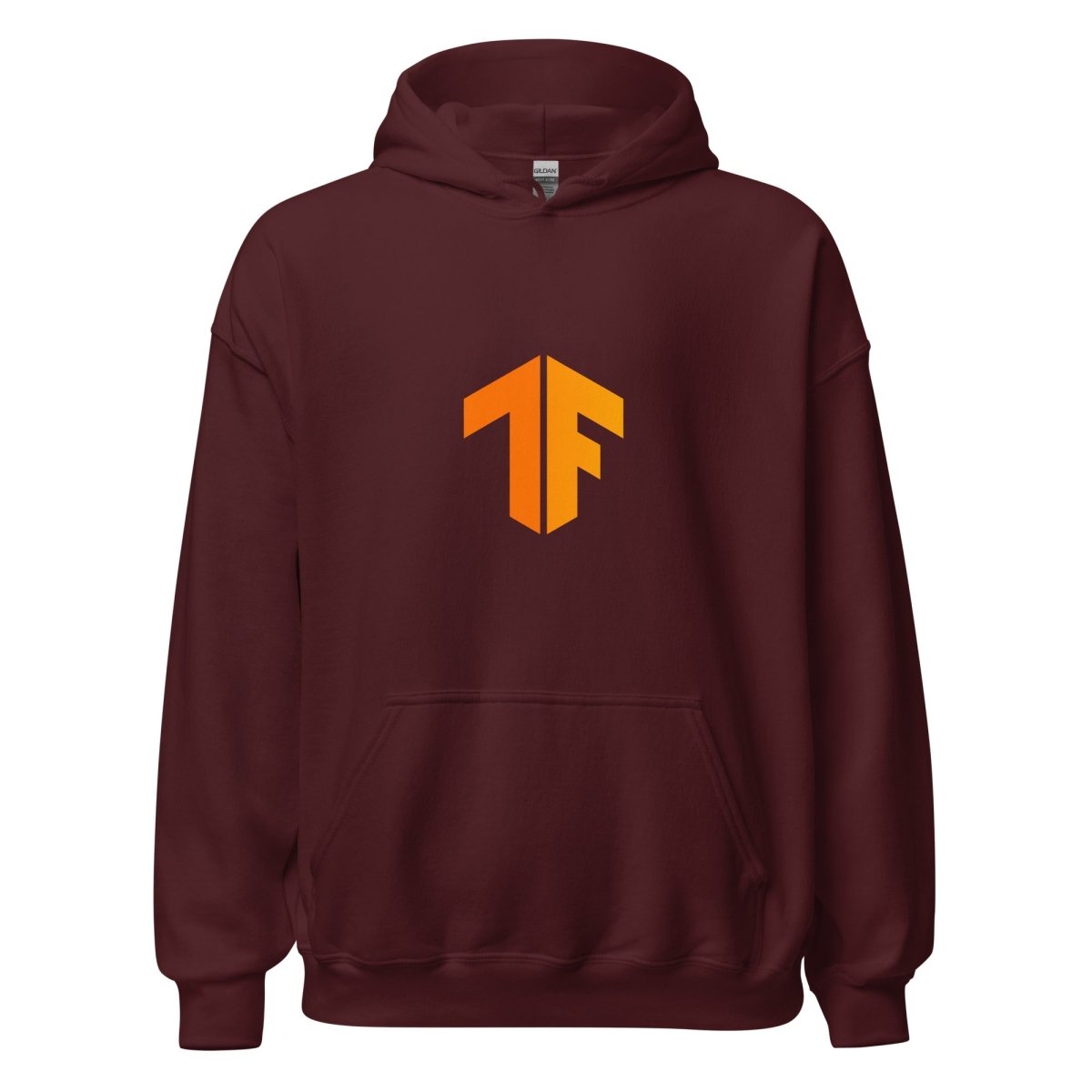 Product mockup photo of the TensorFlow 2 Small Icon Hoodie (unisex) Maroon / M.