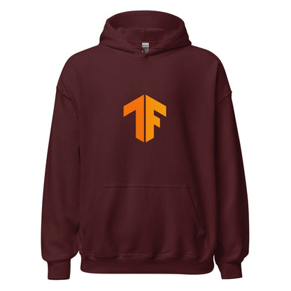 Product mockup photo of the TensorFlow 2 Small Icon Hoodie (unisex) Maroon / M.