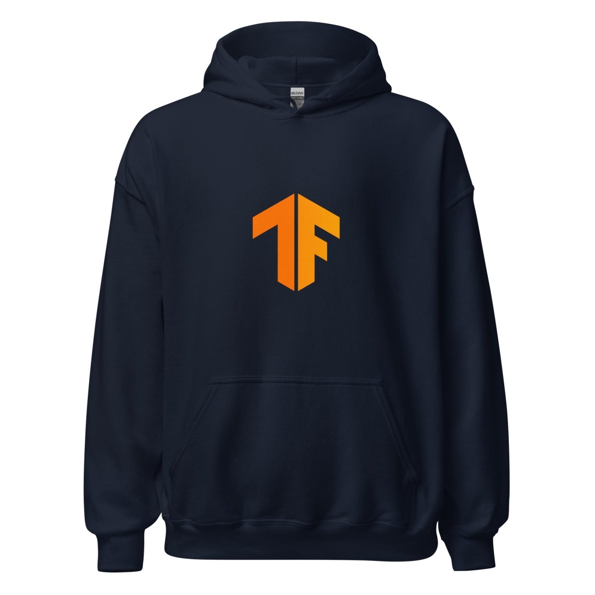 Product mockup photo of the TensorFlow 2 Small Icon Hoodie (unisex) Navy / M.