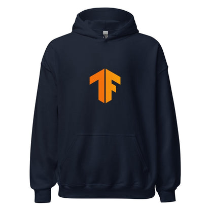 Product mockup photo of the TensorFlow 2 Small Icon Hoodie (unisex) Navy / M.