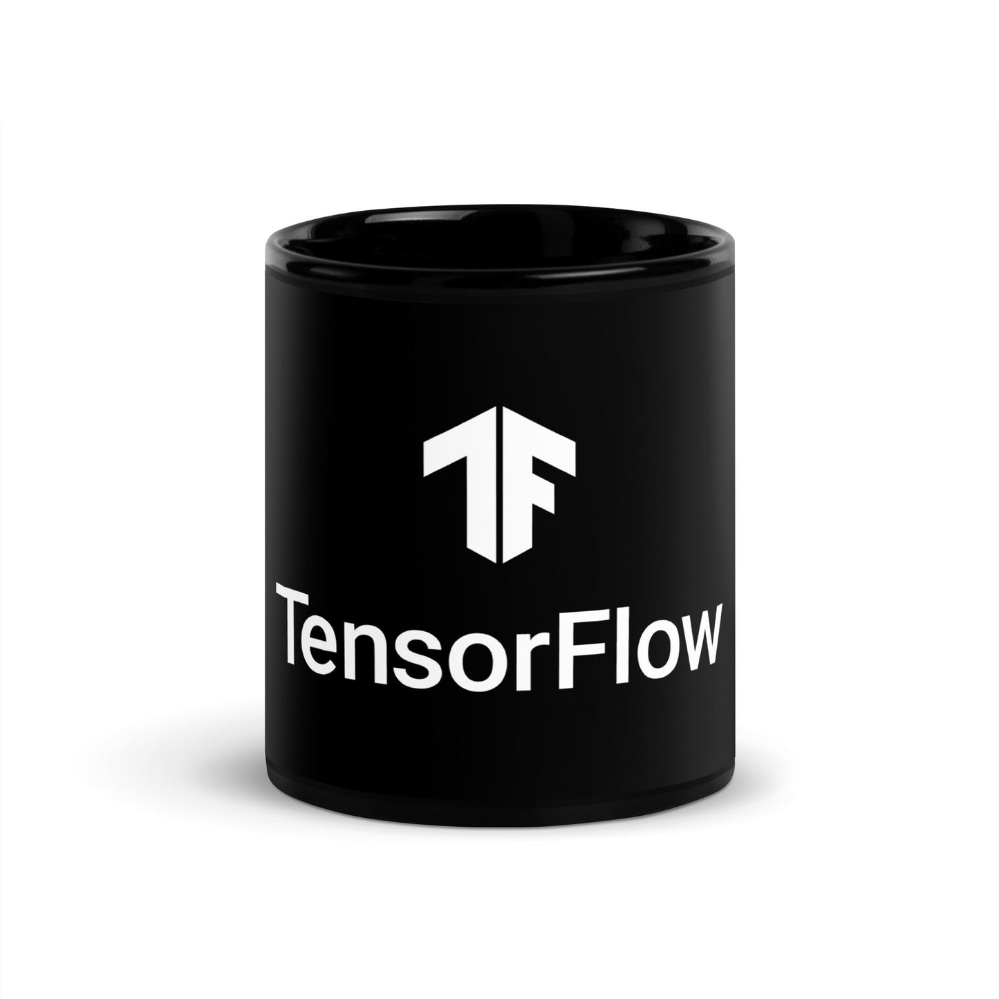 Image of the TensorFlow 2 White Stacked Logo Black Glossy Mug 11 oz.
