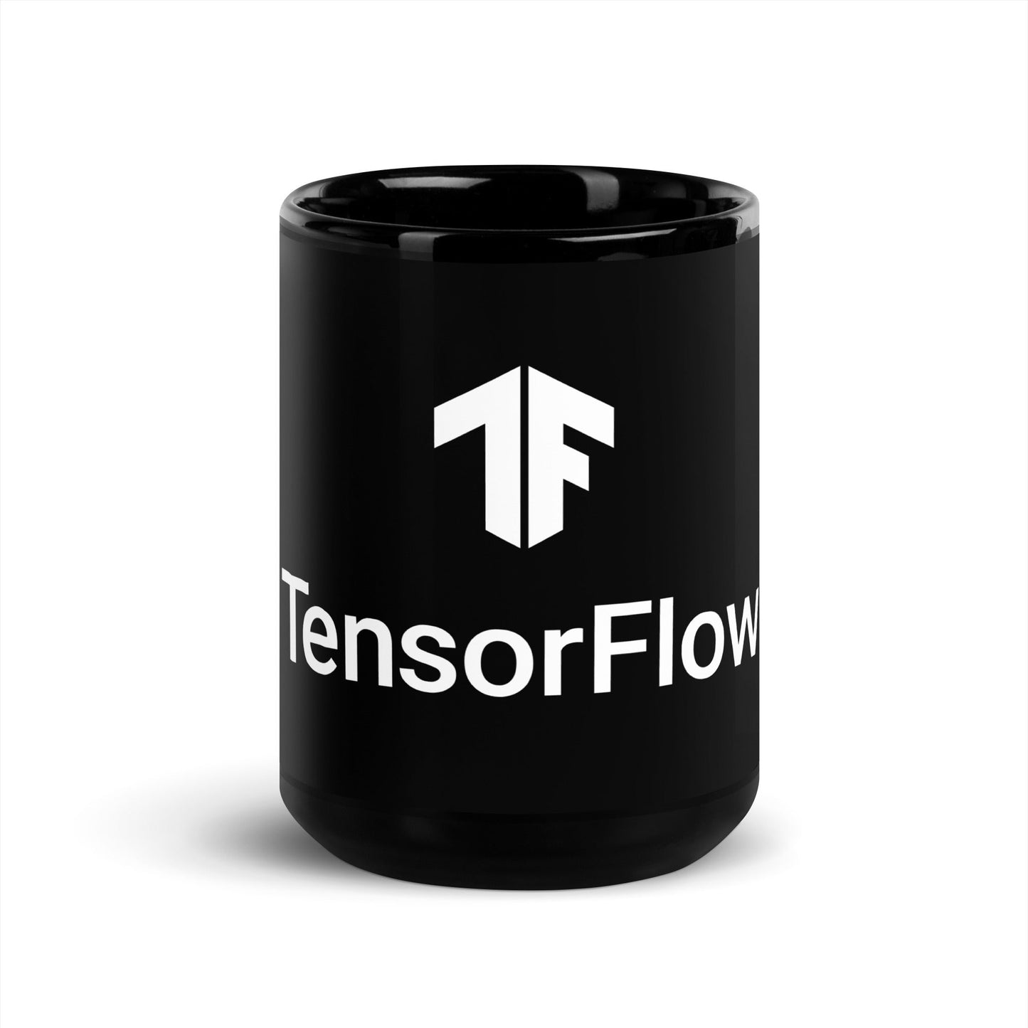 Image of the TensorFlow 2 White Stacked Logo Black Glossy Mug 15 oz.