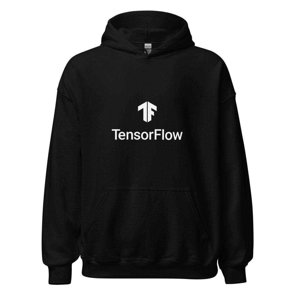Product mockup photo of the TensorFlow 2 White Stacked Logo Hoodie (unisex) Black / M.