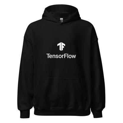 Product mockup photo of the TensorFlow 2 White Stacked Logo Hoodie (unisex) Black / M.