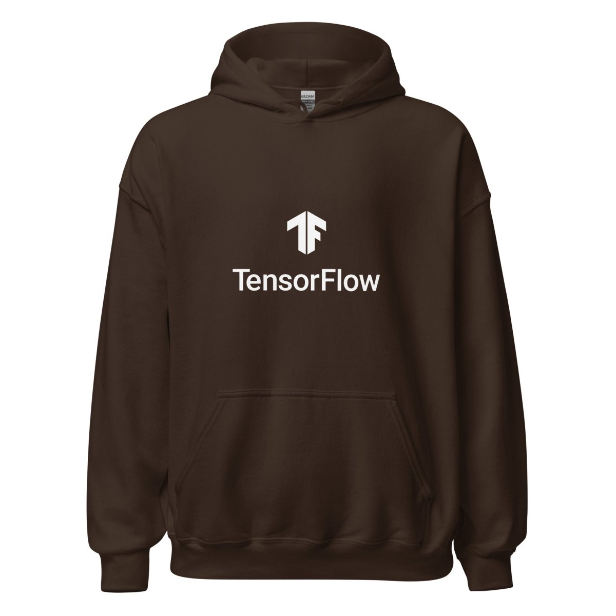 Product mockup photo of the TensorFlow 2 White Stacked Logo Hoodie (unisex) Dark Chocolate / M.