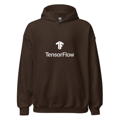 Product mockup photo of the TensorFlow 2 White Stacked Logo Hoodie (unisex) Dark Chocolate / M.