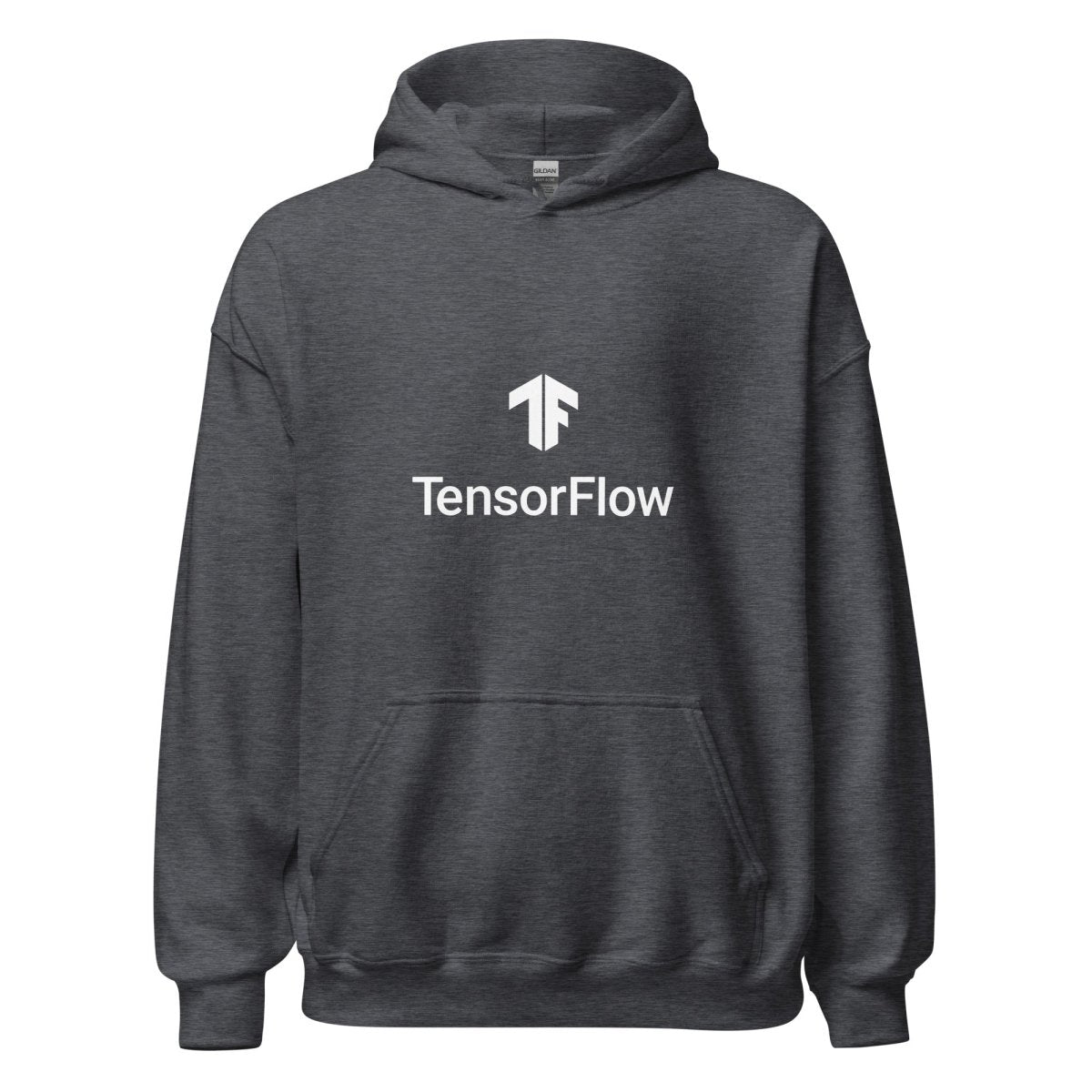 Product mockup photo of the TensorFlow 2 White Stacked Logo Hoodie (unisex) Dark Heather / M.