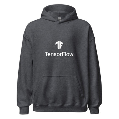 Product mockup photo of the TensorFlow 2 White Stacked Logo Hoodie (unisex) Dark Heather / M.