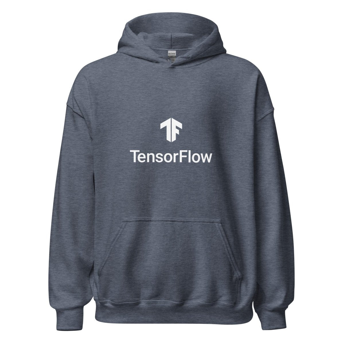 Product mockup photo of the TensorFlow 2 White Stacked Logo Hoodie (unisex) Heather Sport Dark Navy / M.