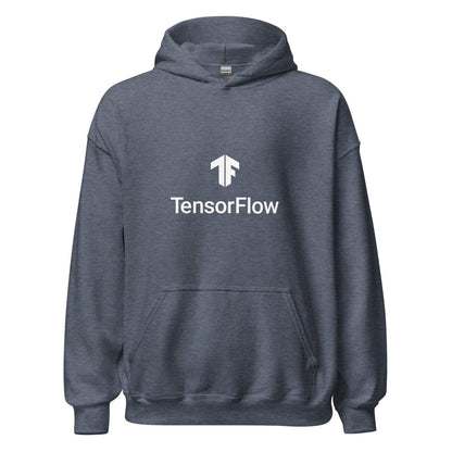Product mockup photo of the TensorFlow 2 White Stacked Logo Hoodie (unisex) Heather Sport Dark Navy / M.