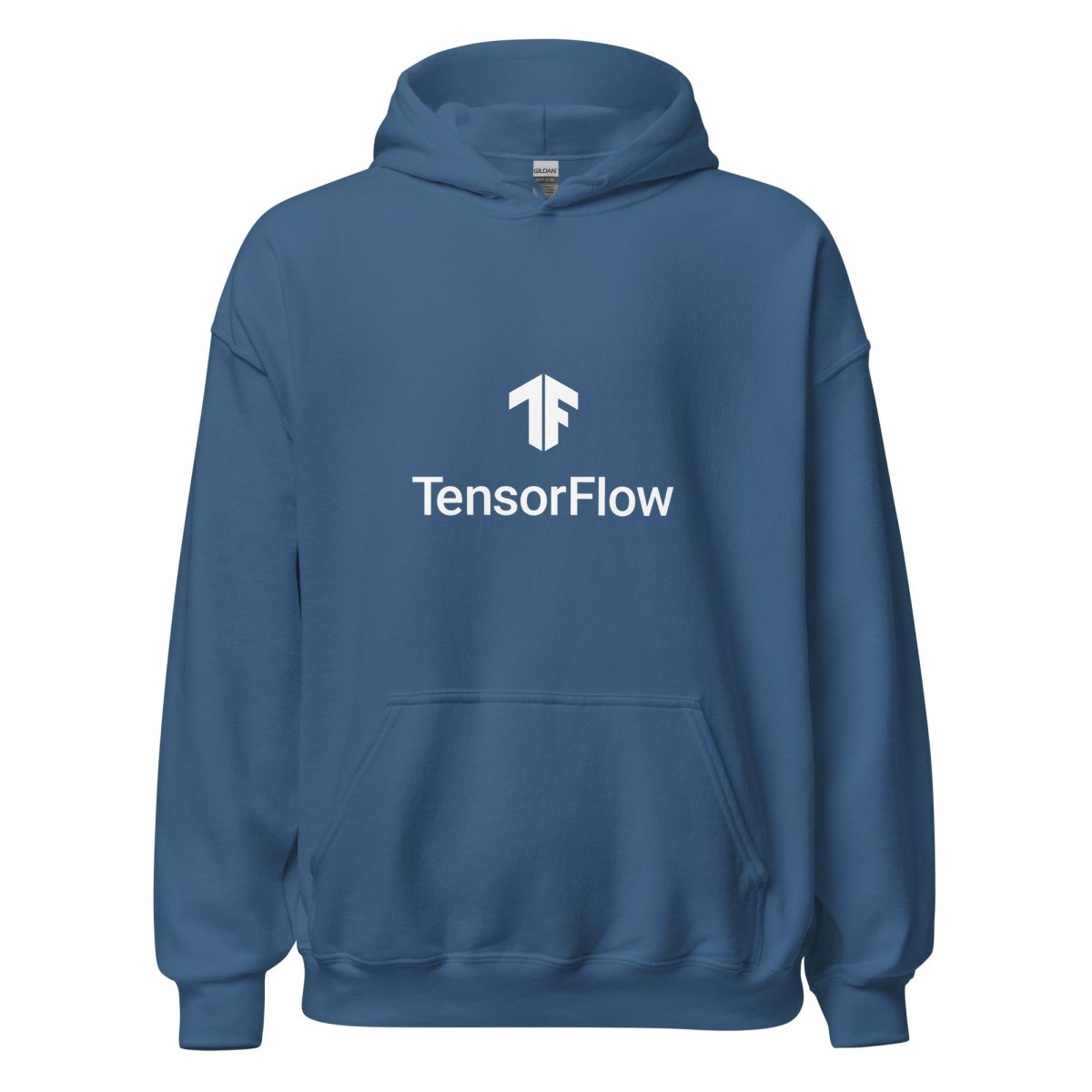 Product mockup photo of the TensorFlow 2 White Stacked Logo Hoodie (unisex) Indigo Blue / M.