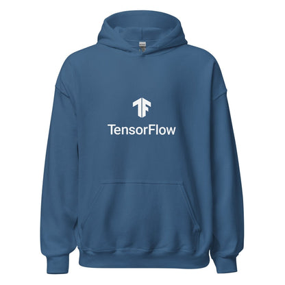 Product mockup photo of the TensorFlow 2 White Stacked Logo Hoodie (unisex) Indigo Blue / M.
