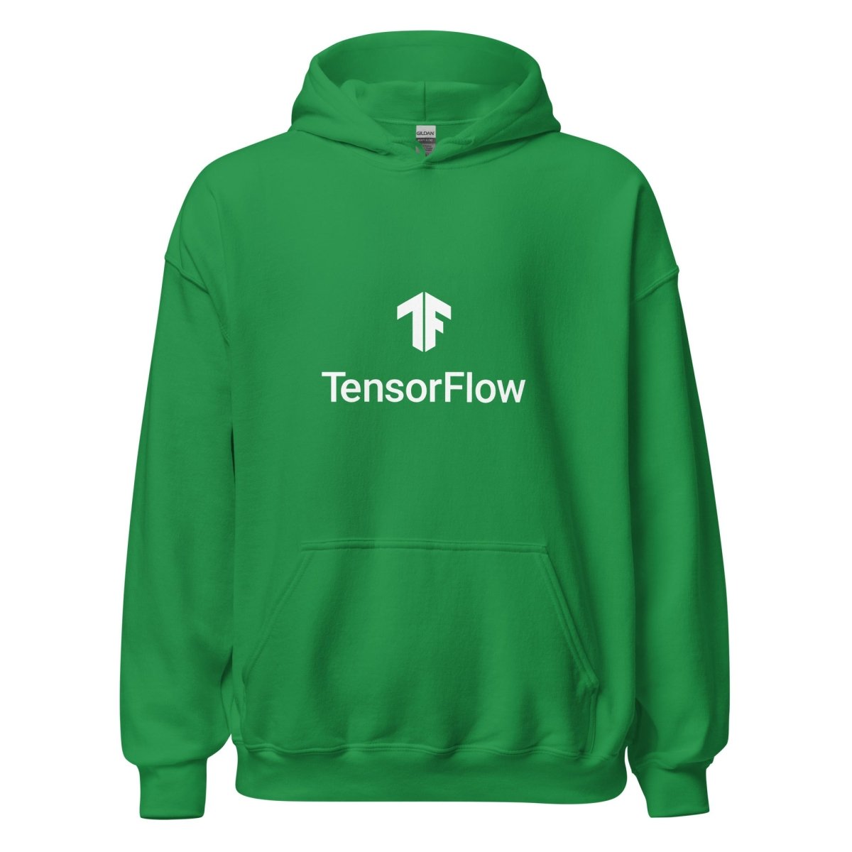 Product mockup photo of the TensorFlow 2 White Stacked Logo Hoodie (unisex) Irish Green / M.