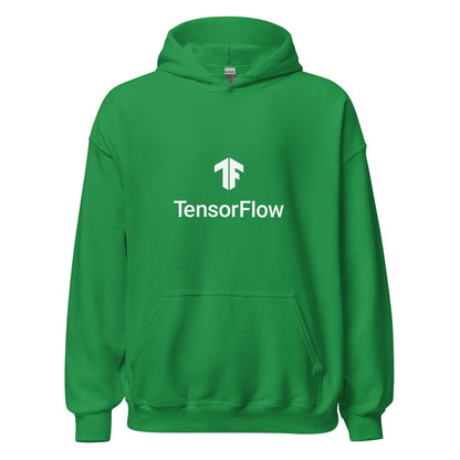 Product mockup photo of the TensorFlow 2 White Stacked Logo Hoodie (unisex) Irish Green / M.