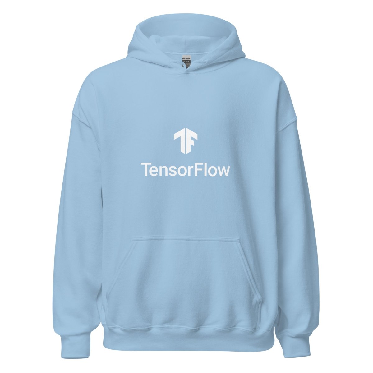 Product mockup photo of the TensorFlow 2 White Stacked Logo Hoodie (unisex) Light Blue / M.