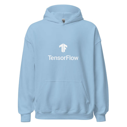 Product mockup photo of the TensorFlow 2 White Stacked Logo Hoodie (unisex) Light Blue / M.