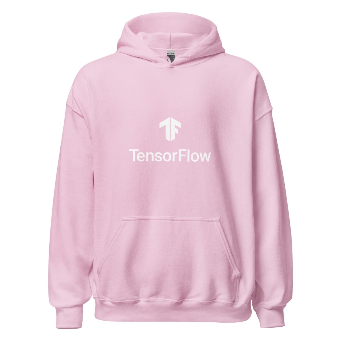 Product mockup photo of the TensorFlow 2 White Stacked Logo Hoodie (unisex) Light Pink / M.