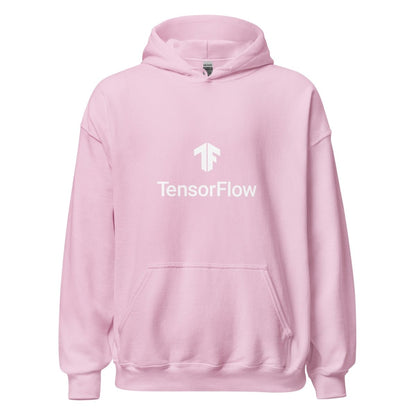 Product mockup photo of the TensorFlow 2 White Stacked Logo Hoodie (unisex) Light Pink / M.