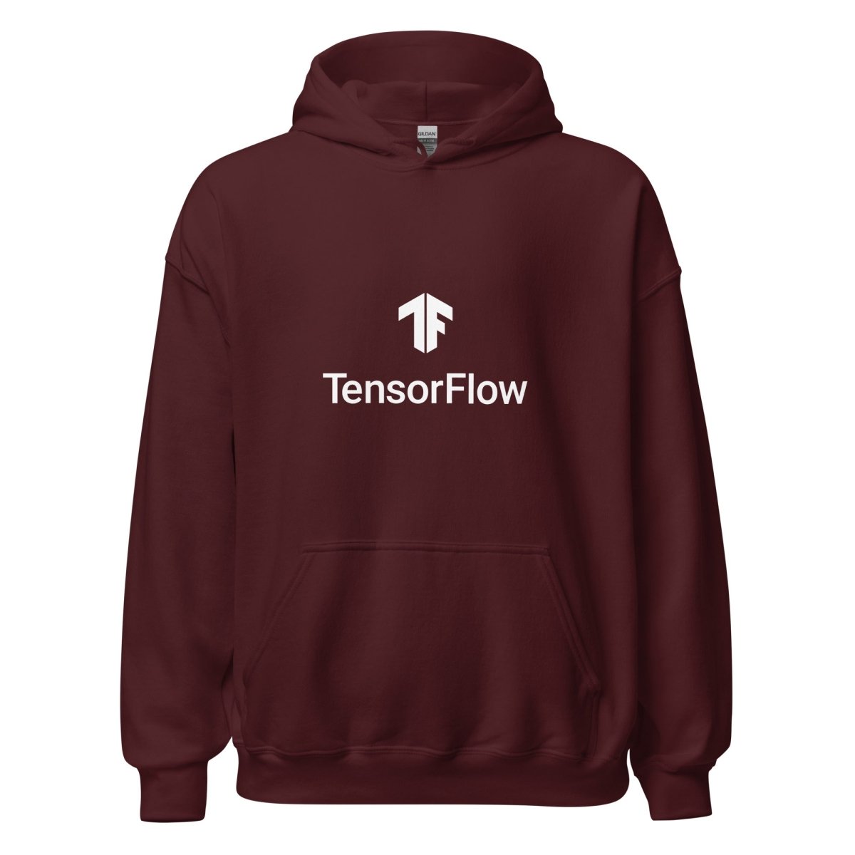 Product mockup photo of the TensorFlow 2 White Stacked Logo Hoodie (unisex) Maroon / M.