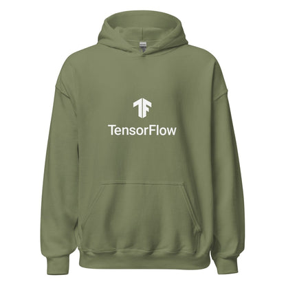 Product mockup photo of the TensorFlow 2 White Stacked Logo Hoodie (unisex) Military Green / M.