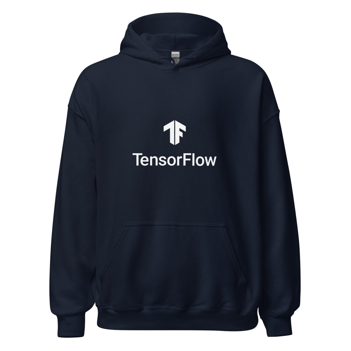 Product mockup photo of the TensorFlow 2 White Stacked Logo Hoodie (unisex) Navy / M.