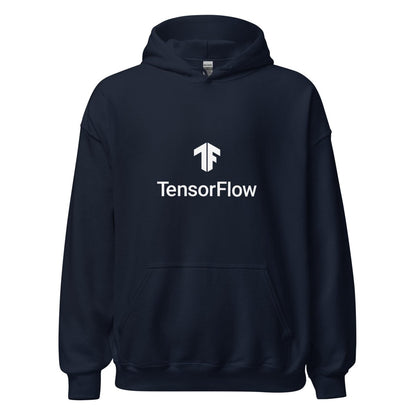 Product mockup photo of the TensorFlow 2 White Stacked Logo Hoodie (unisex) Navy / M.
