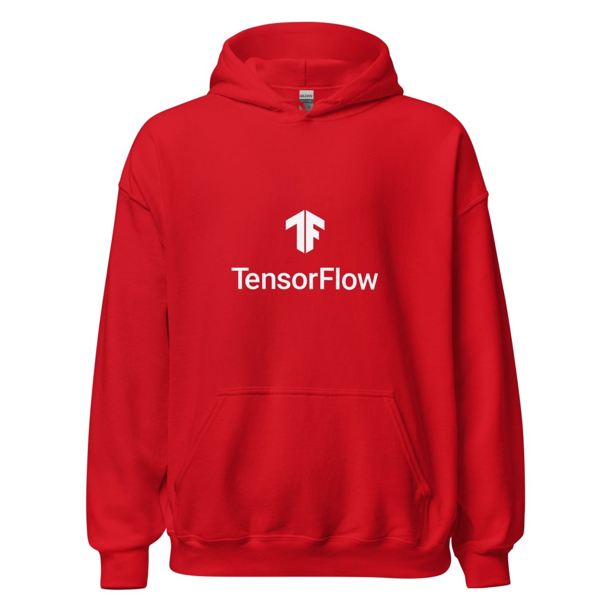 Product mockup photo of the TensorFlow 2 White Stacked Logo Hoodie (unisex) Red / M.